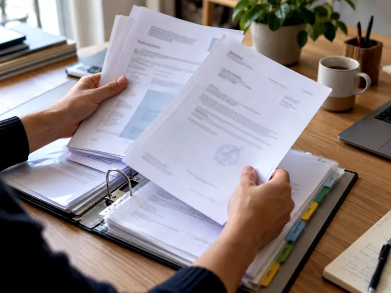 Mains classant des documents administratifs dans un classeur