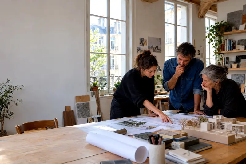Équipe d'architectes finalisant un dossier autour des plans