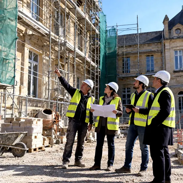 Visite de chantier : chef de chantier, architecte et client en casque et gilet devant une façade en rénovation