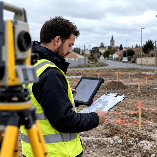 Technicien de bureau d'études sur le terrain avec un instrument de mesure