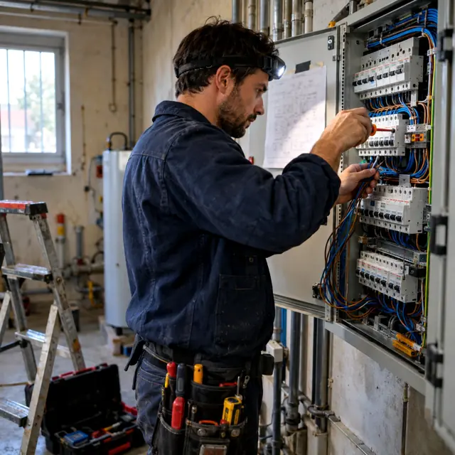 Électricien raccordant un tableau électrique dans un local technique