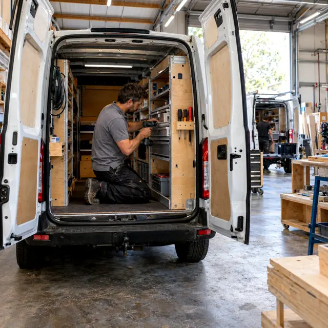 Technicien installant un rangement dans un utilitaire, atelier d'aménagement
