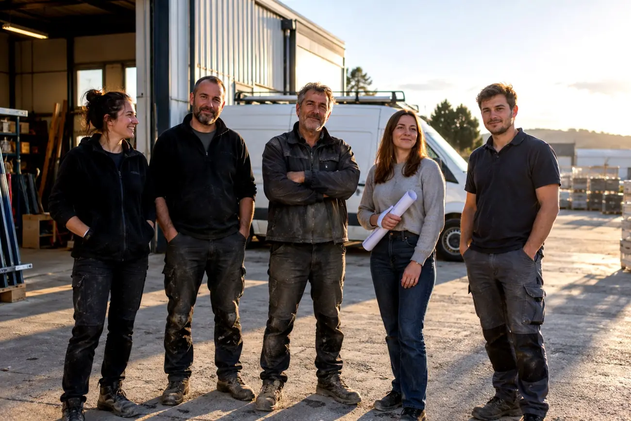 Équipe d'une PME devant son atelier et son utilitaire